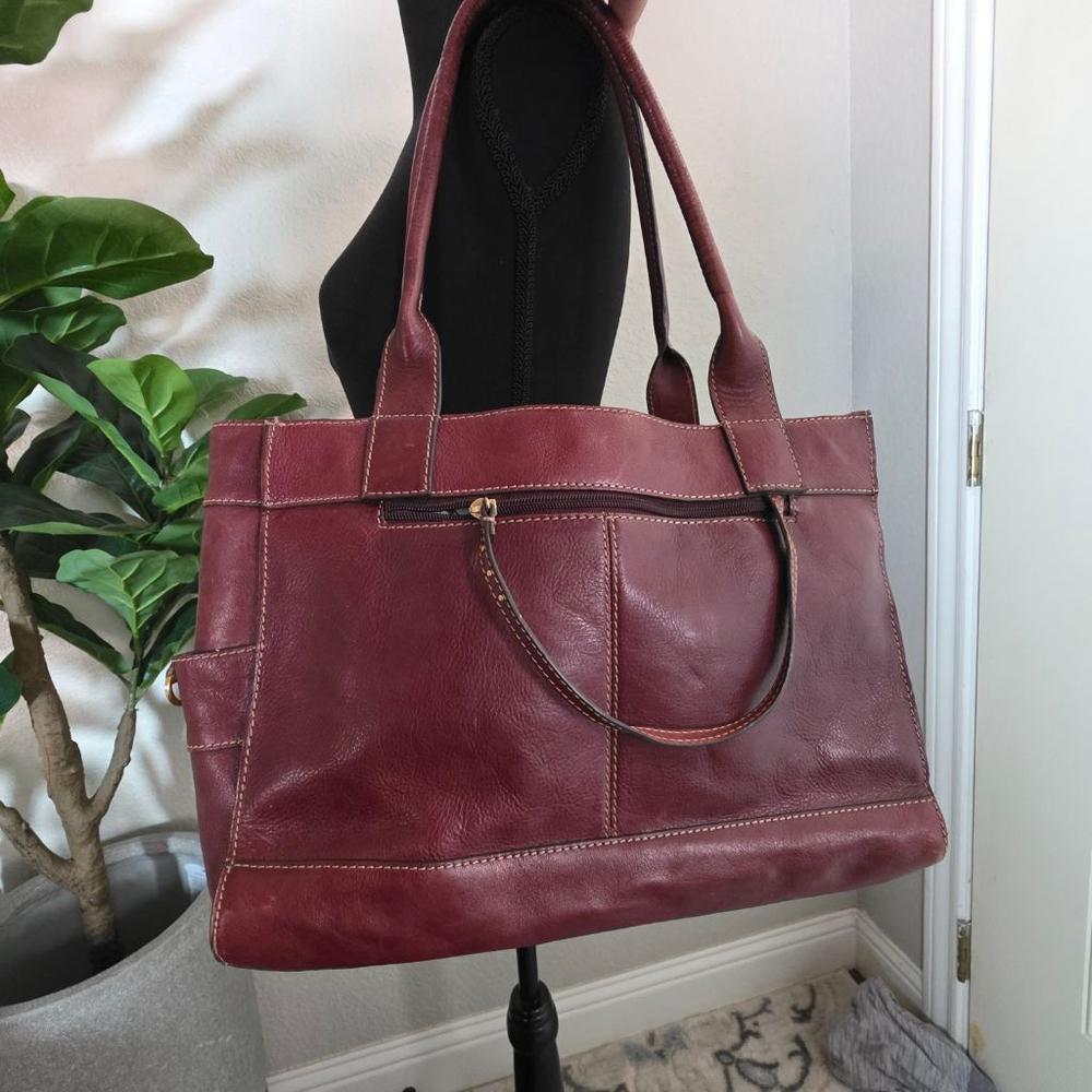 Women's Franklin Covey Burgundy Leather Tote Bag One Size with Light Blue Lining - Picture 2 of 13